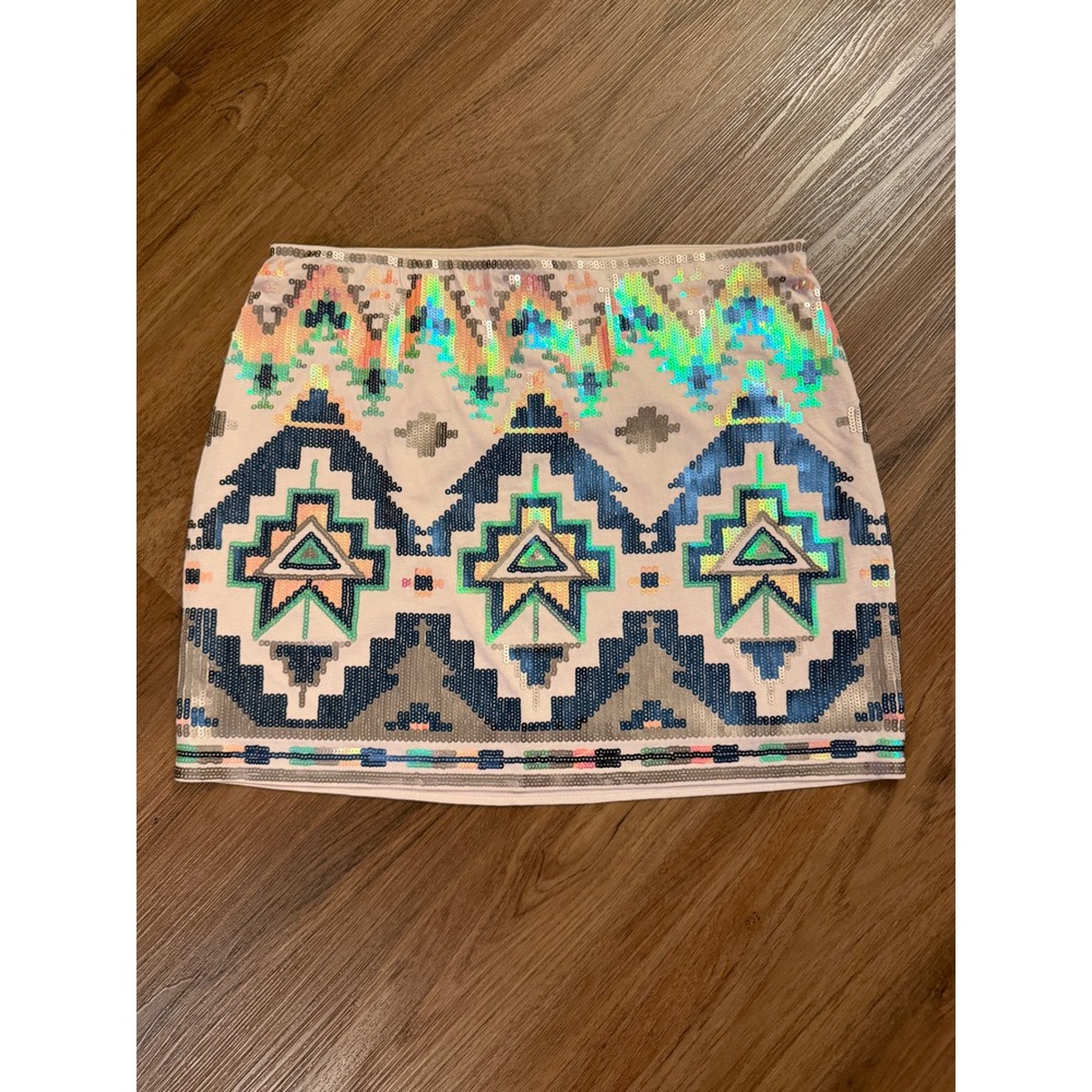 Express Sequin Mini Skirt Aztec Geometric Iridescent Blue Silver Size Small S